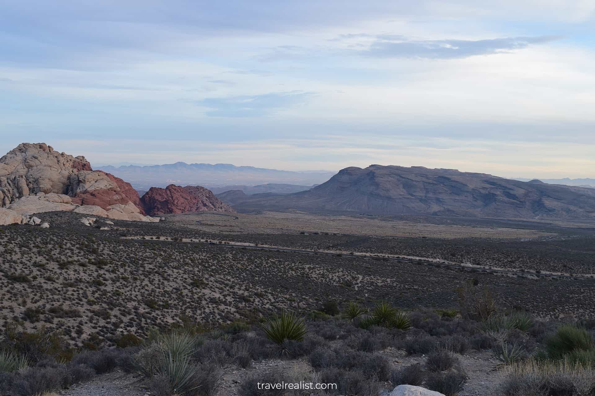 Panoramic views from High Point Overlook with Las Vegas in distance in Red Rock Canyon National Conservation Area, Nevada, US