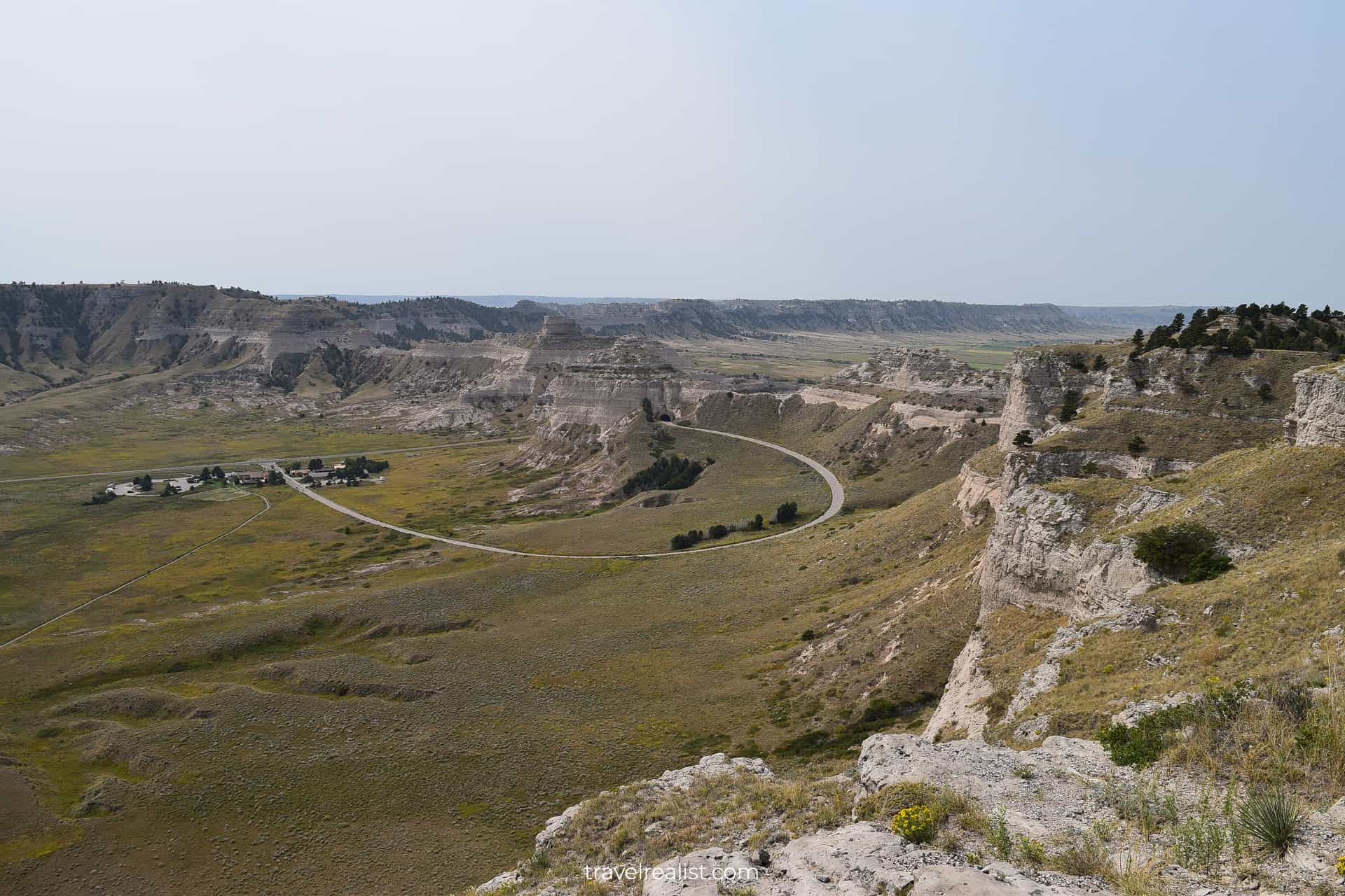 Views of museum and scenic turn from top of Scotts Bluff National Monument in Nebraska, US