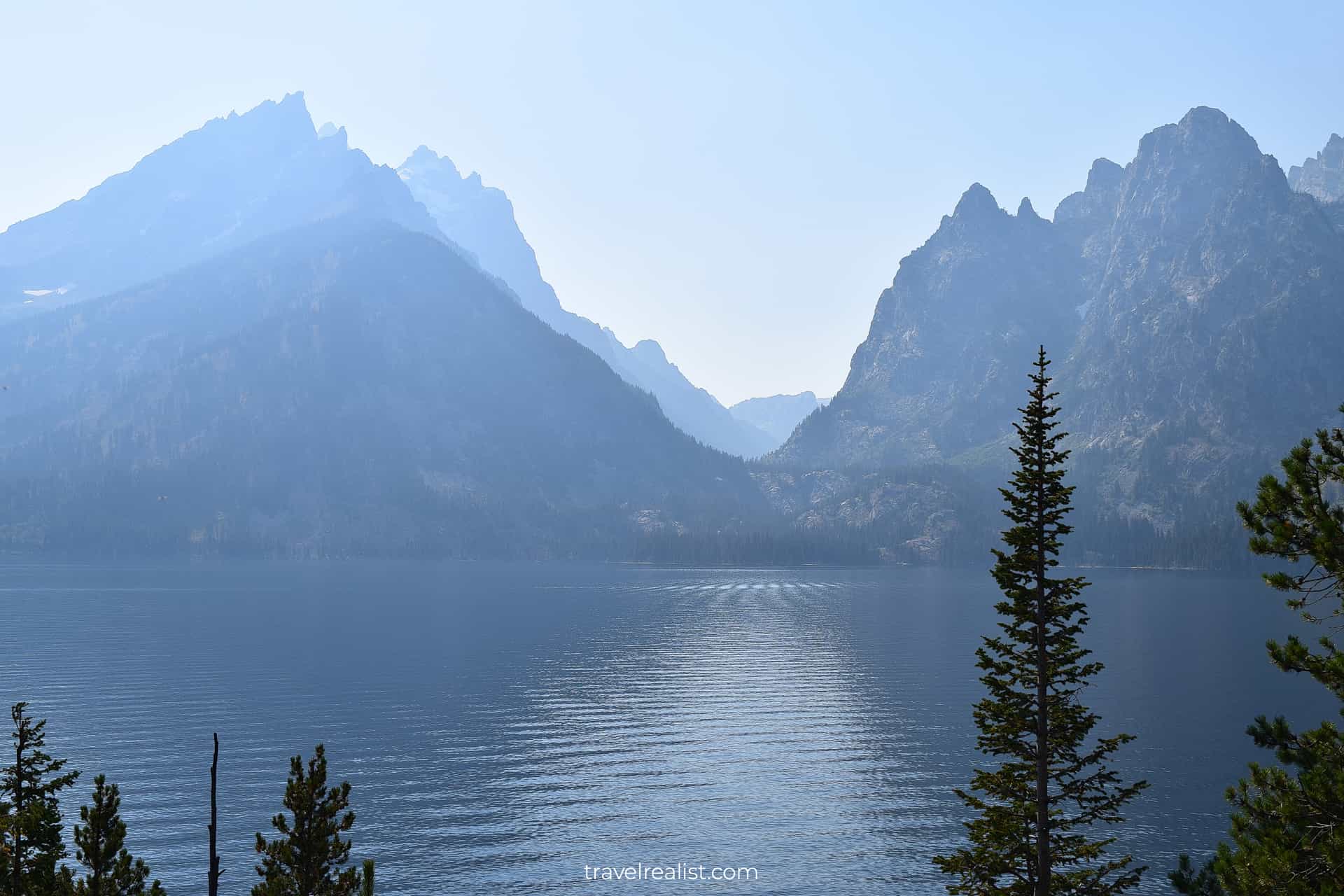 Grand Teton and Middle Teton Peaks as viewed from Jenny Lake Overlook in Grand Teton National Park, Wyoming, US