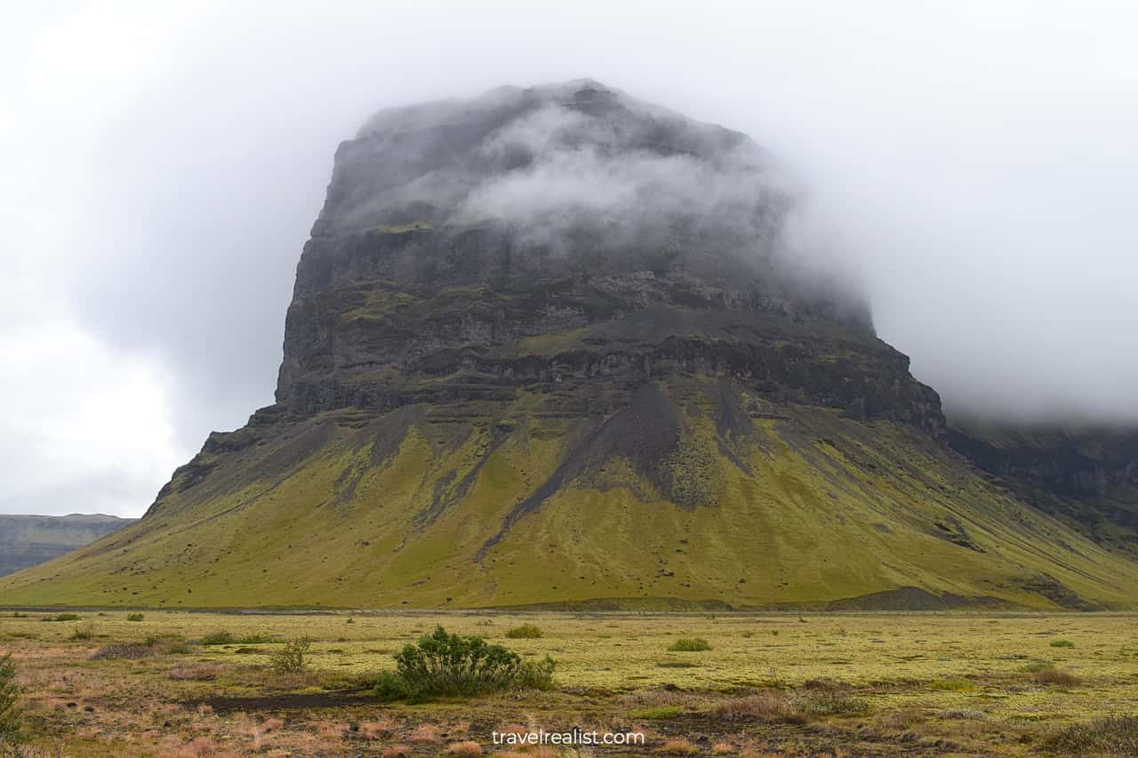 Lómagnúpur mountain covered in fog in South Iceland