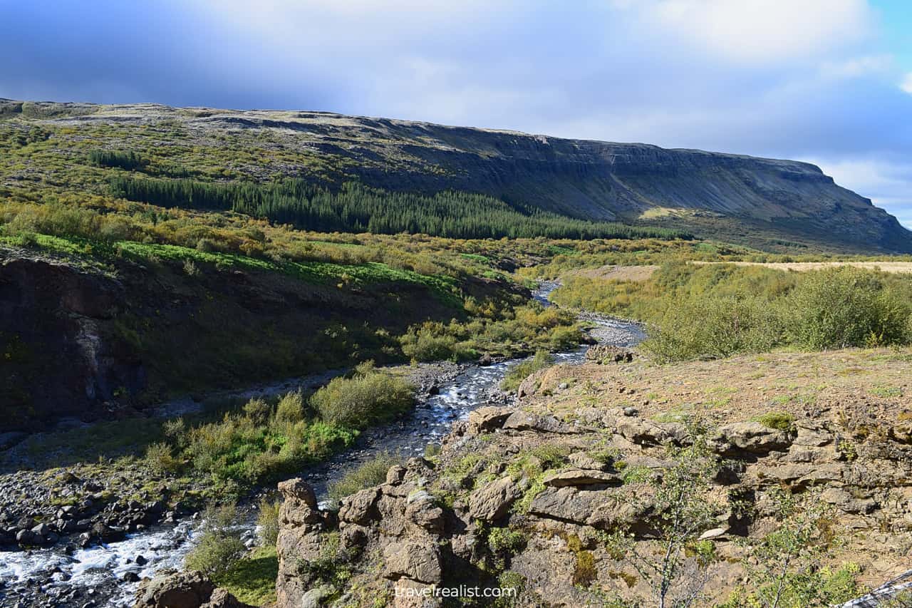 Creek and mountains near Wash Cave on Glymur Waterfall hike in Iceland