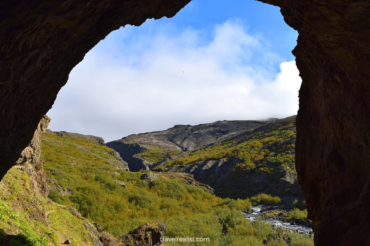 View towards Glymur Waterfall from Wash Cave in Iceland