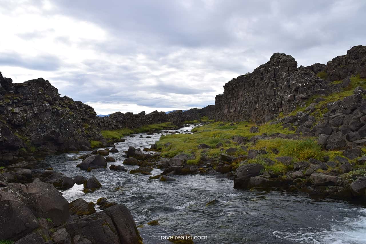 Öxará river near Oxararfoss in Thingvellir on Golden Circle map in Iceland