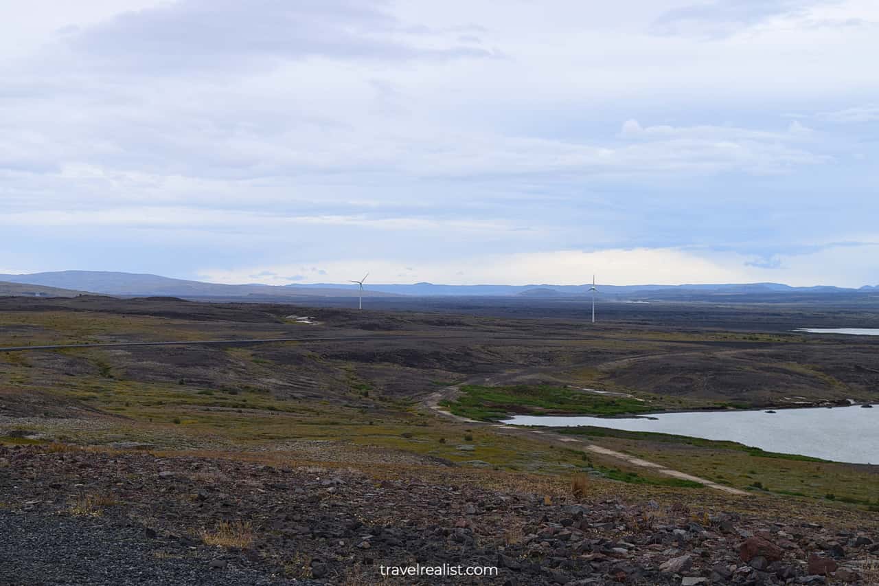 Wind turbines near Haifoss on Golden Circle map in Iceland