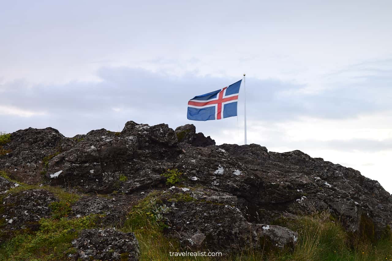 Flag of Iceland at Kerid Crater on Golden Circle map in Iceland