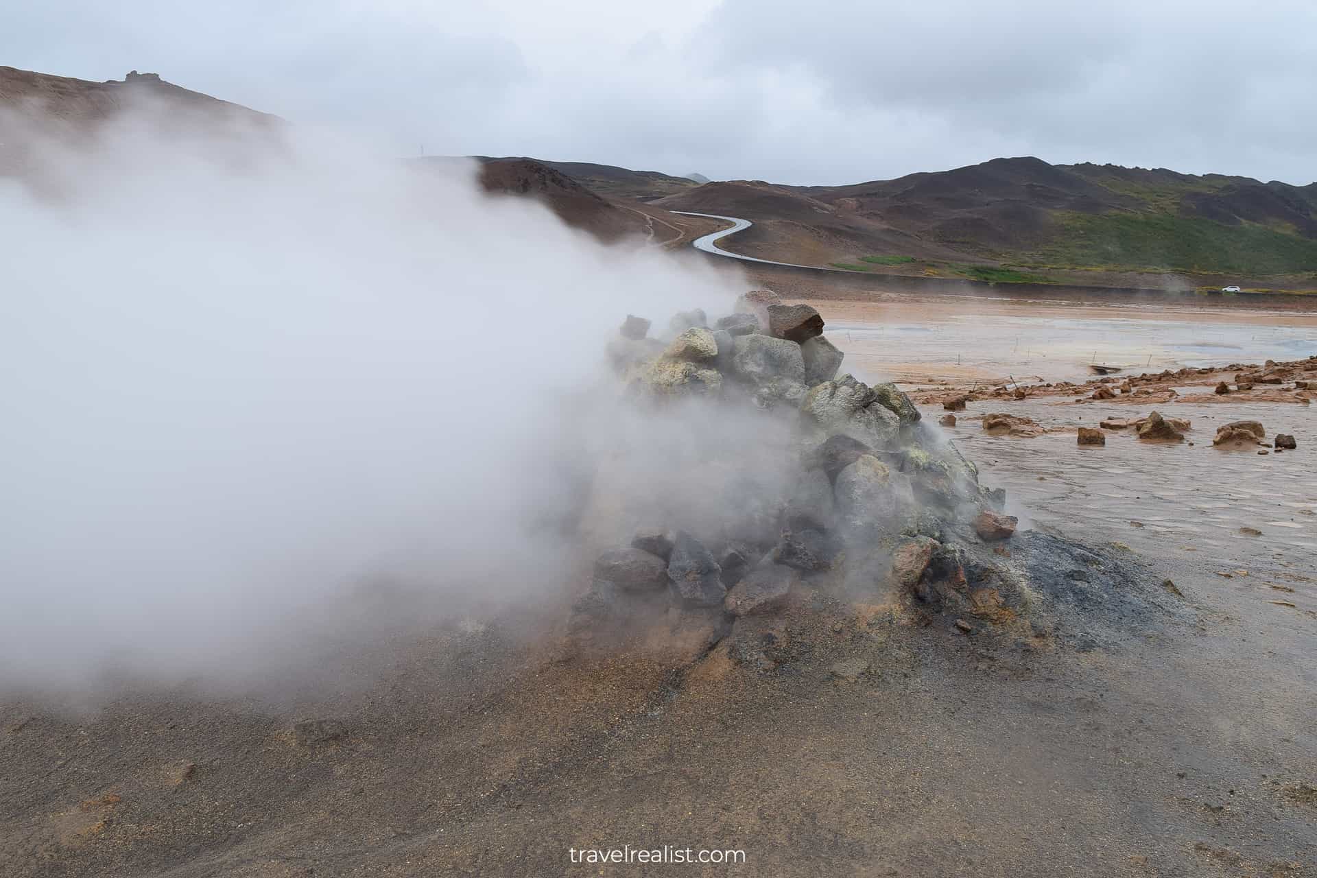Fumarole and road views in Hverir in Northern Iceland
