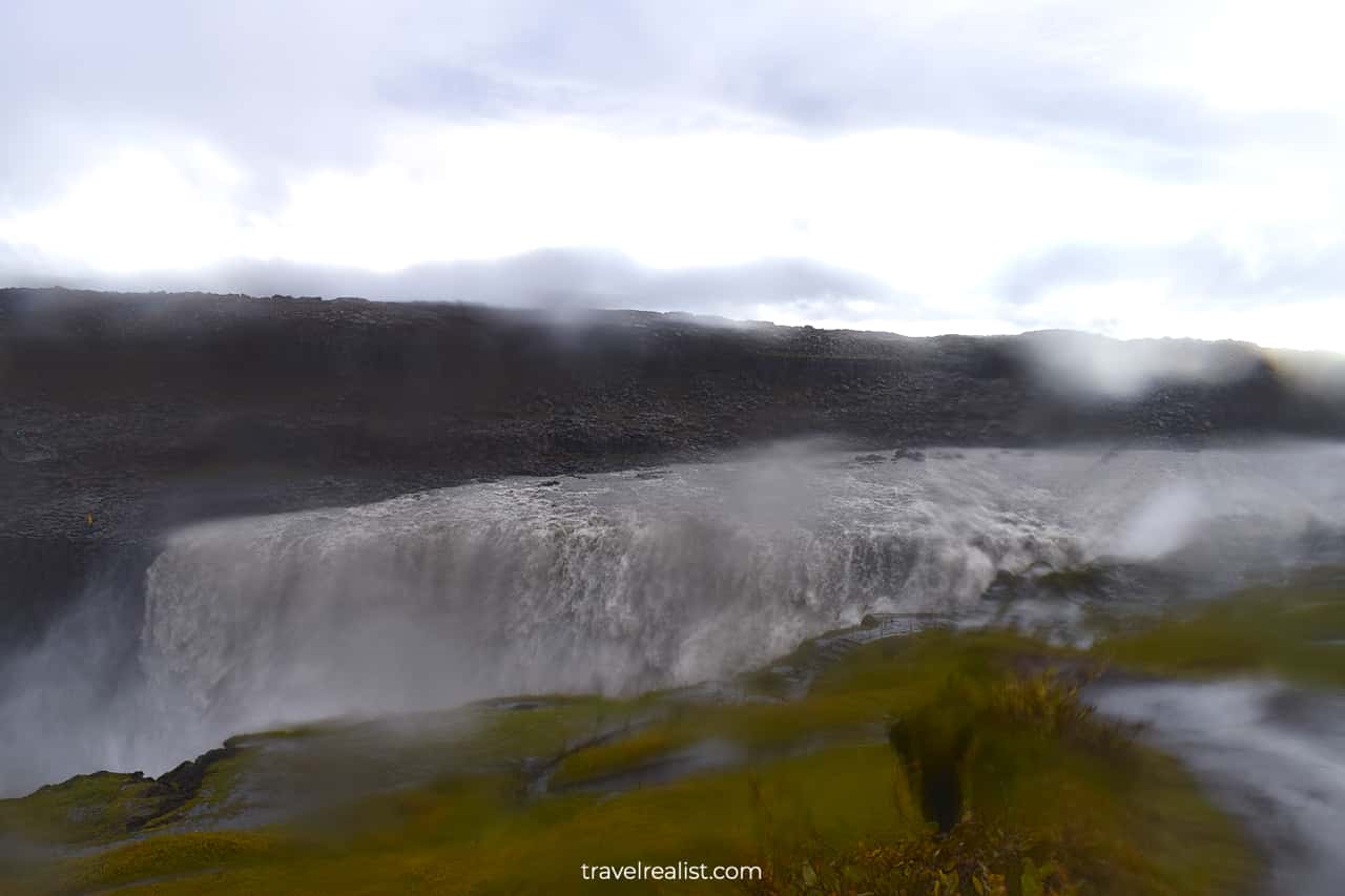 Mist and water drops everywhere at Dettifoss waterfall in Northern Iceland