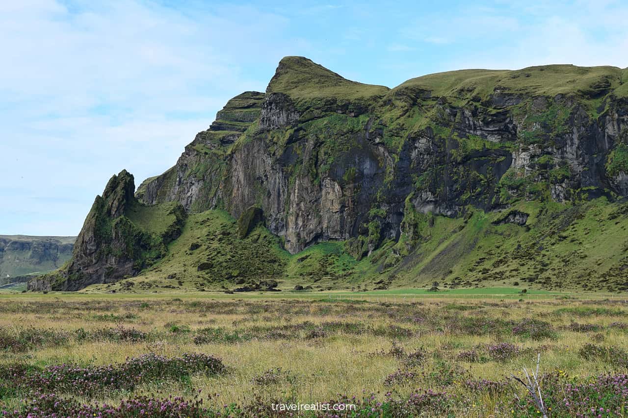 Green mountains near village of Vik in South Iceland