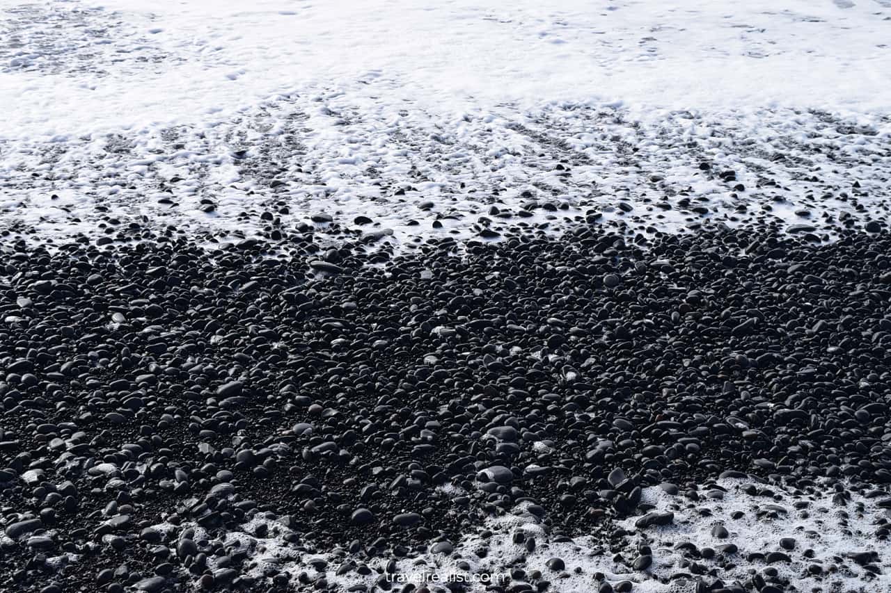 Stones and waves at Reynisfjara Black Sand Beach in South Iceland