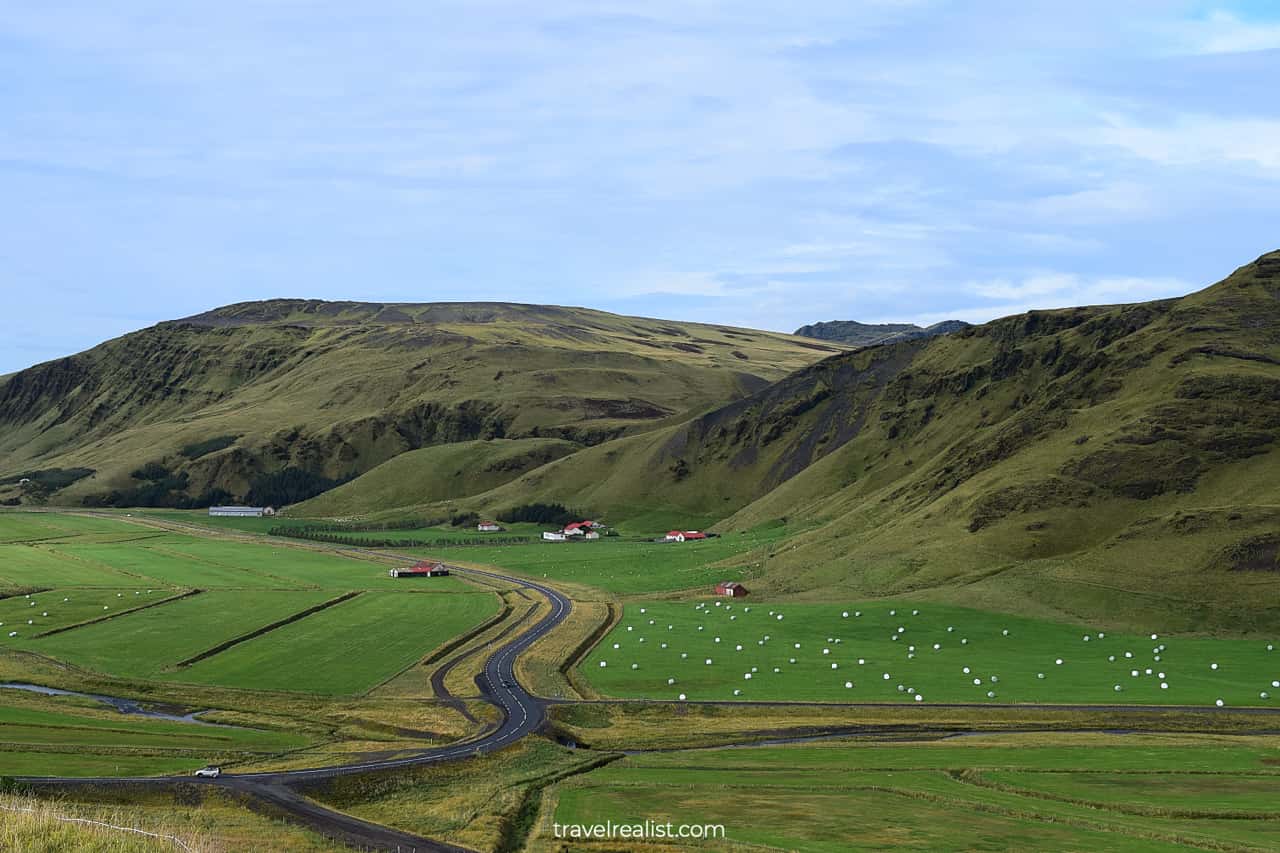 Hay rolls on fields near Ring Road in South Iceland