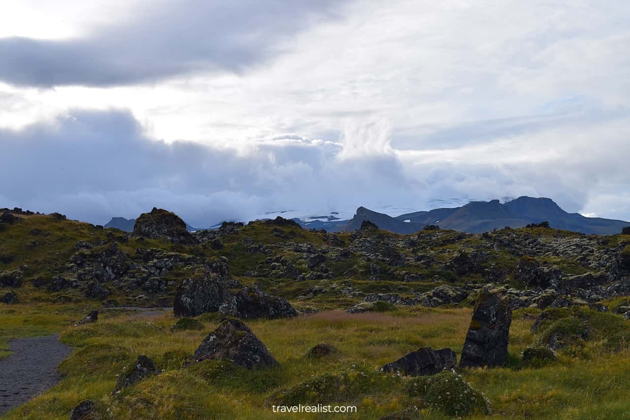 Old structures and glacier in Snaefellsjokull National Park in Western Region, Iceland