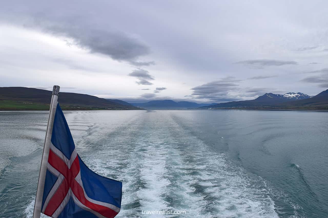 Flag of Iceland on whale watching Iceland tour in Akureyri
