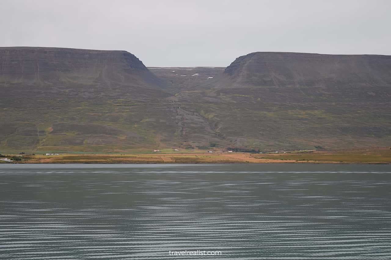 Flattop mountains surrounding Eyjafjörður fjord on Whale Watching Iceland tour in Akureyri