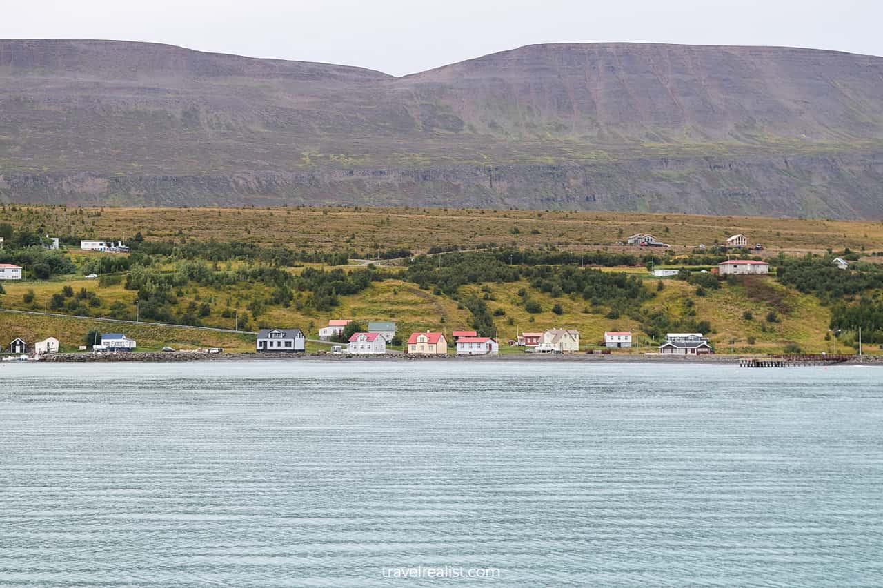 Houses and flattop mountains in Eyjafjörður fjord in Akureyri, Iceland