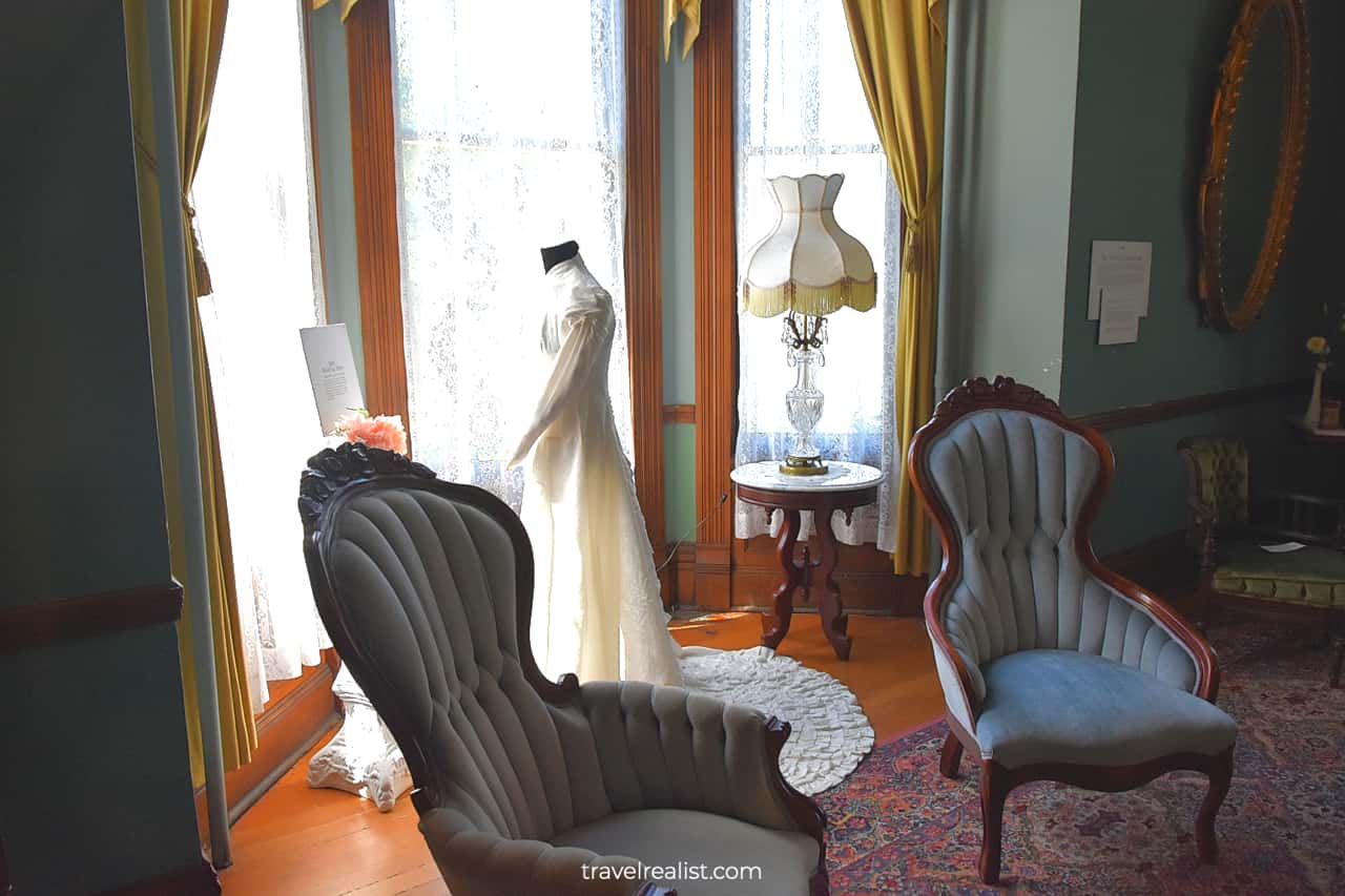 Wedding dress on display in Meeker Mansion in Puyallup, Washington, US