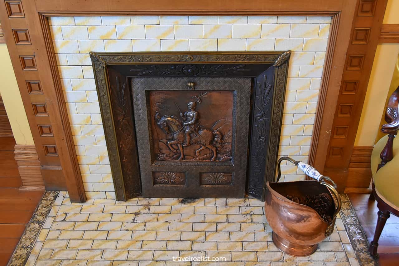 Knight pattern on fireplace in Meeker Mansion in Puyallup, Washington, US