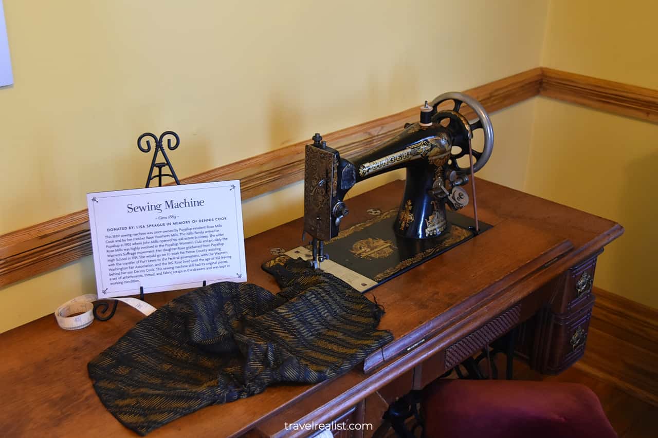 Sewing machine on display in Meeker Mansion in Puyallup, Washington, US