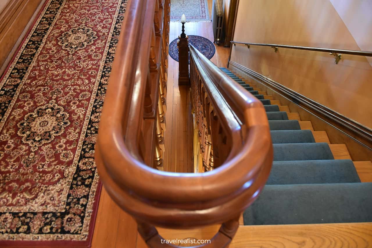 View from Grand Staircase to ground floor in Meeker Mansion in Puyallup, Washington, US