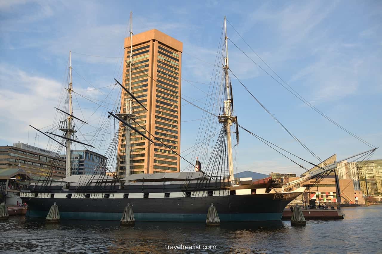 USS Constellation views from Baltimore Waterfront Promenade in Maryland