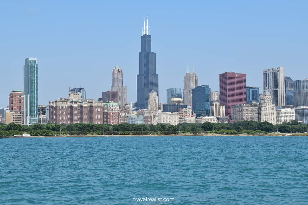 Willis Tower views from Lake Michigan in Chicago, Illinois