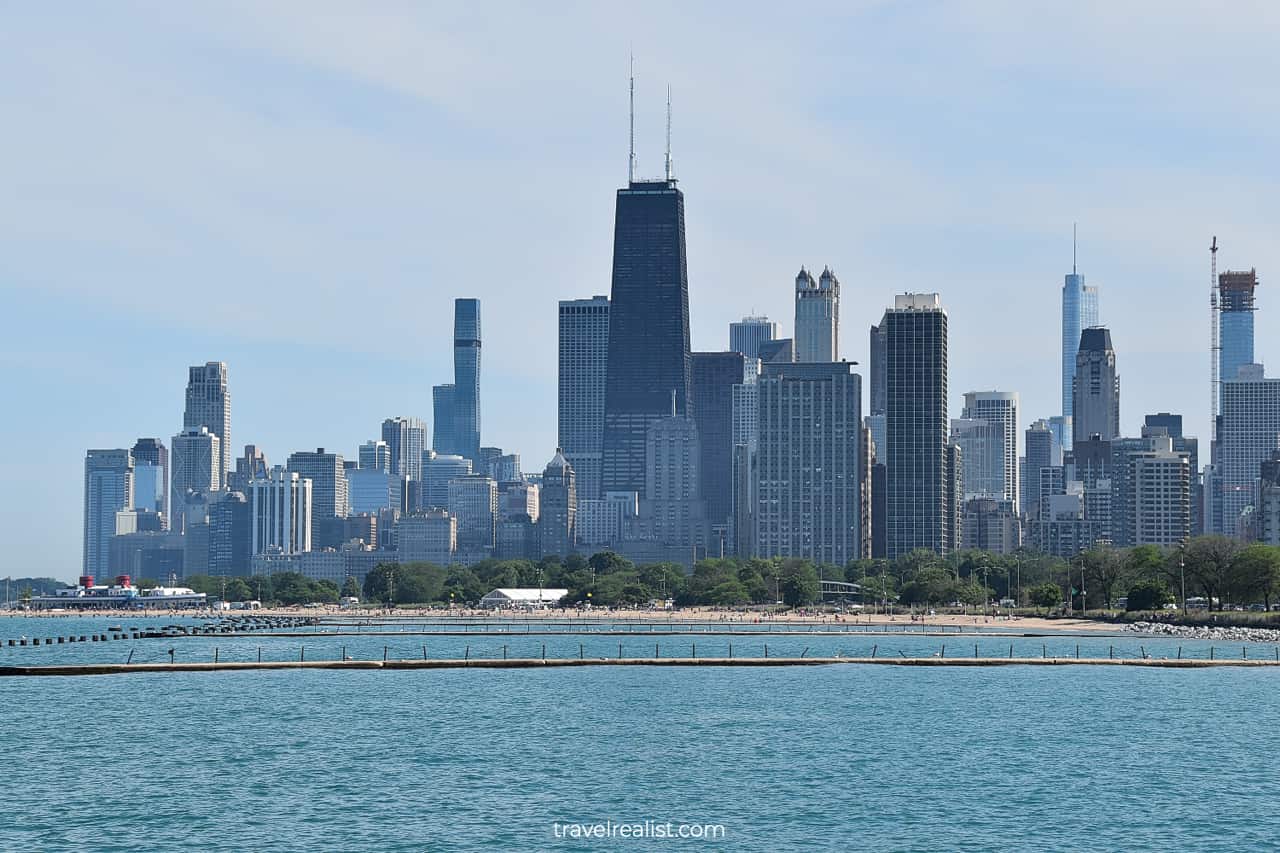 John Hancock Building and Chicago Skyline views from North Avenue Beach in Chicago, Illinois, US