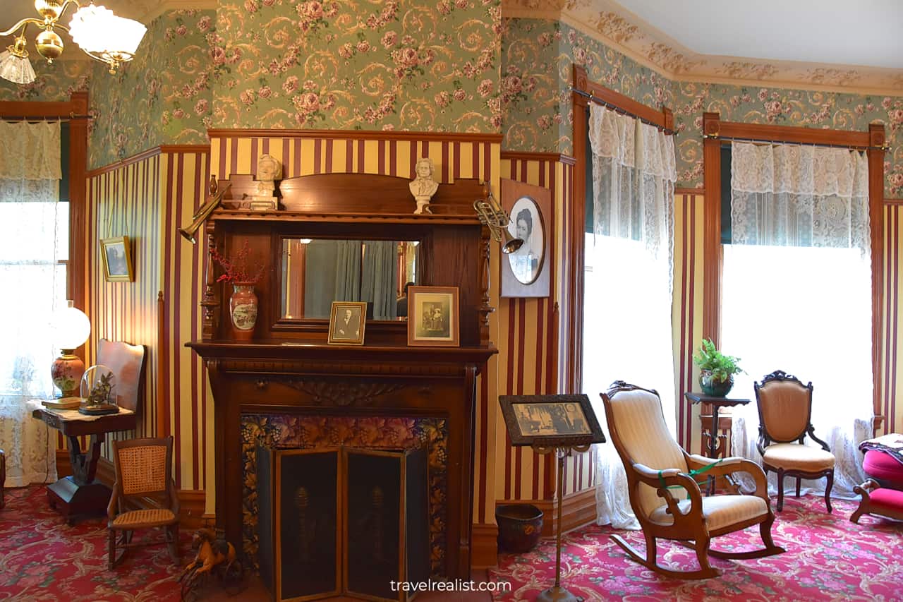 Fireplace and parlor in Ernest Hemingway Birthplace Museum, Oak Park, Illinois, US