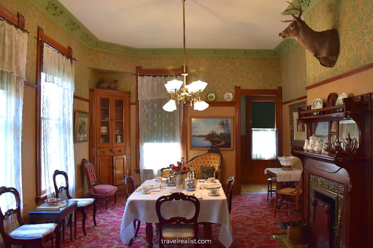 Dining room with deer head in Ernest Hemingway Birthplace Museum, Oak Park, Illinois, US