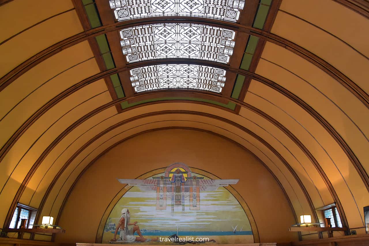 Mural and light fixture in Playroom in Frank Lloyd Wright Home & Studio in Oak Park, Illinois, US