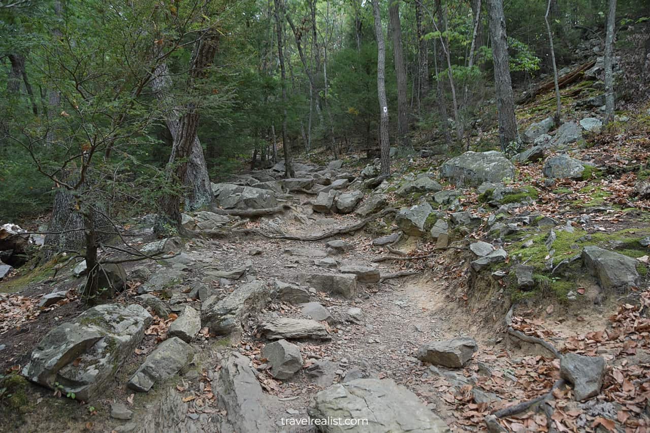 Rocky trail towards Mt Tammany in Delaware Water Gap National Recreation Area, Pennsylvania, New Jersey, US