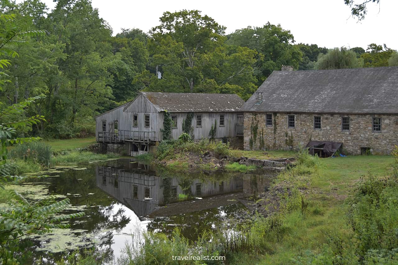 Sawmill reflection in canal in Waterloo Village Historic Site, New Jersey, US