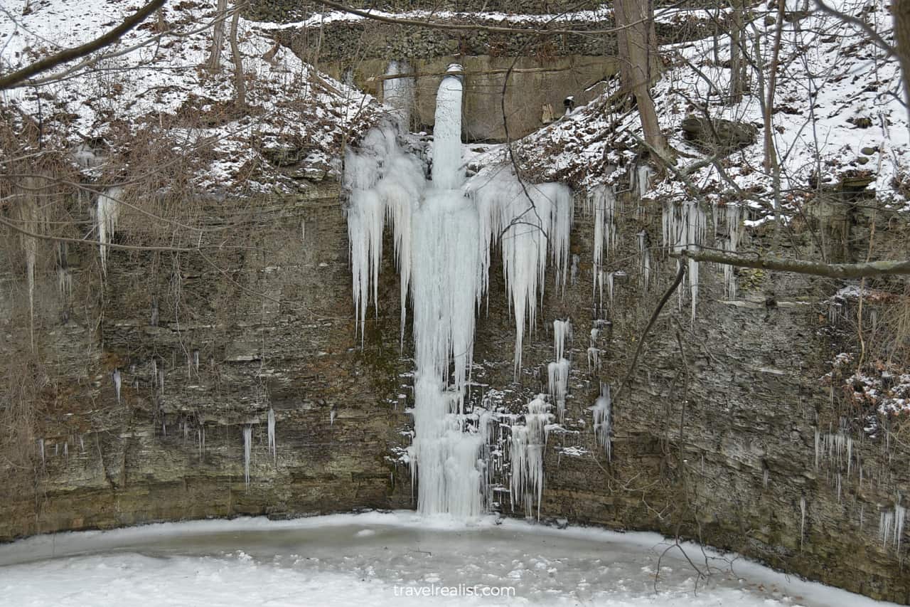 Frozen storm drain in Ithaca, New York, US