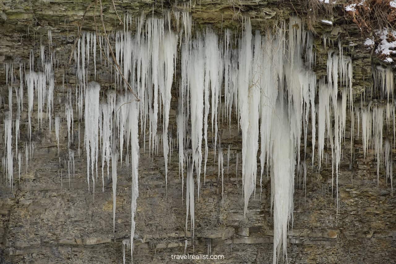 Icicles near Beebe Lake in Ithaca, New York, US