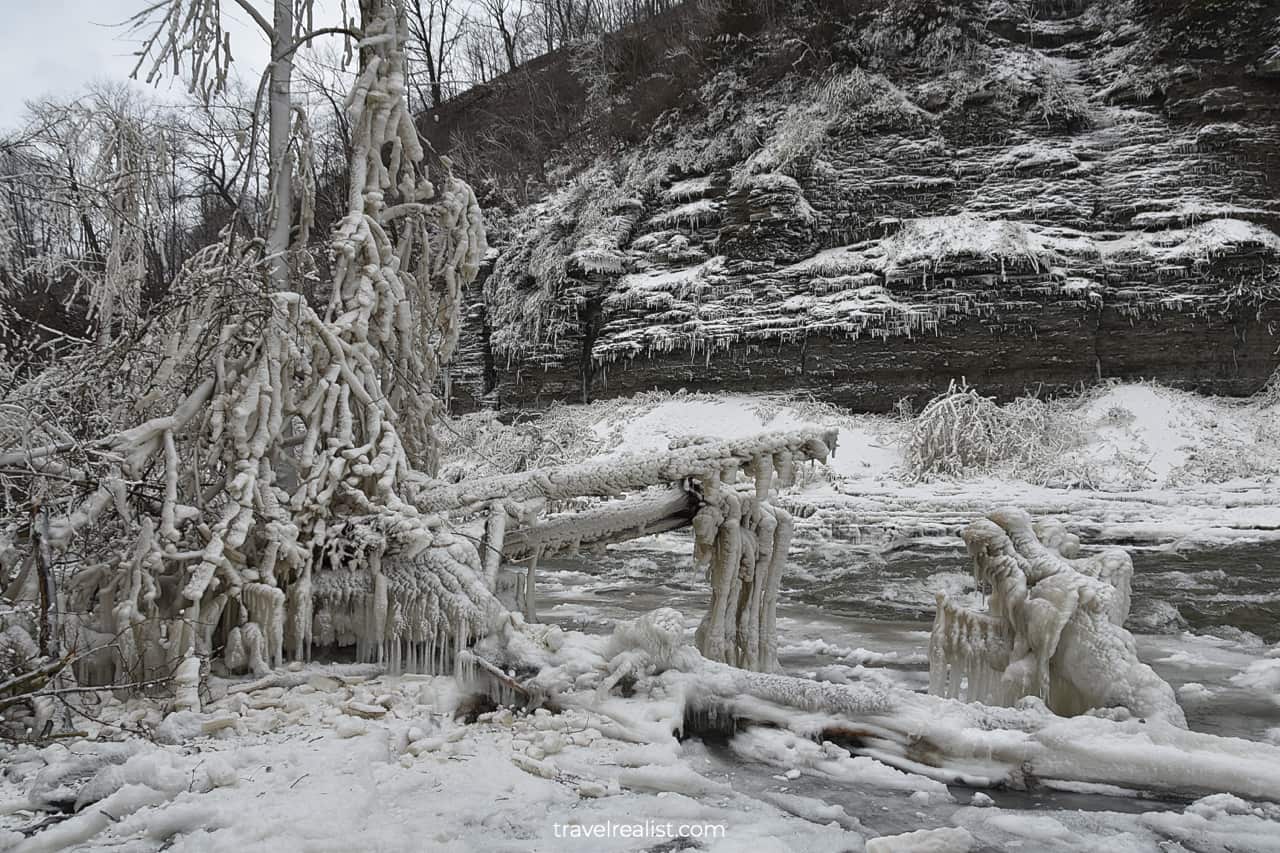 Ithaca Falls trails along Fall Creek in Ithaca, New York, US