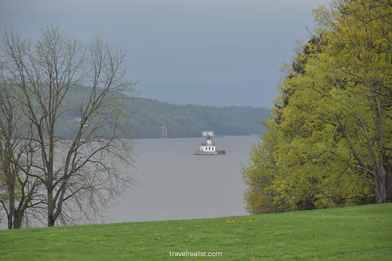 Esopus Meadows Lighthouse view from Mills Mansion in Staatsburgh State Historic Site, New York, US