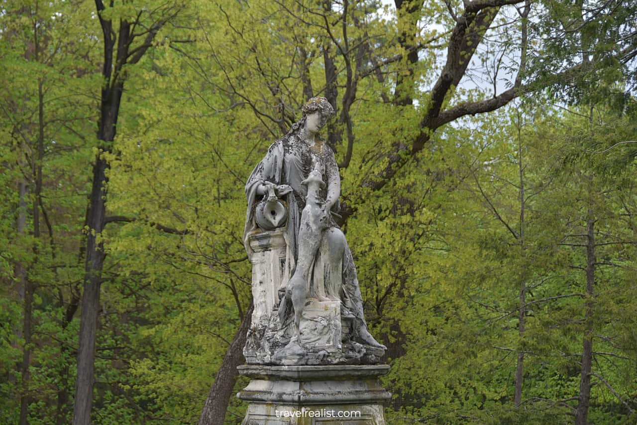 Sculpture of a woman with a dog in Staatsburgh State Historic Site, New York, US