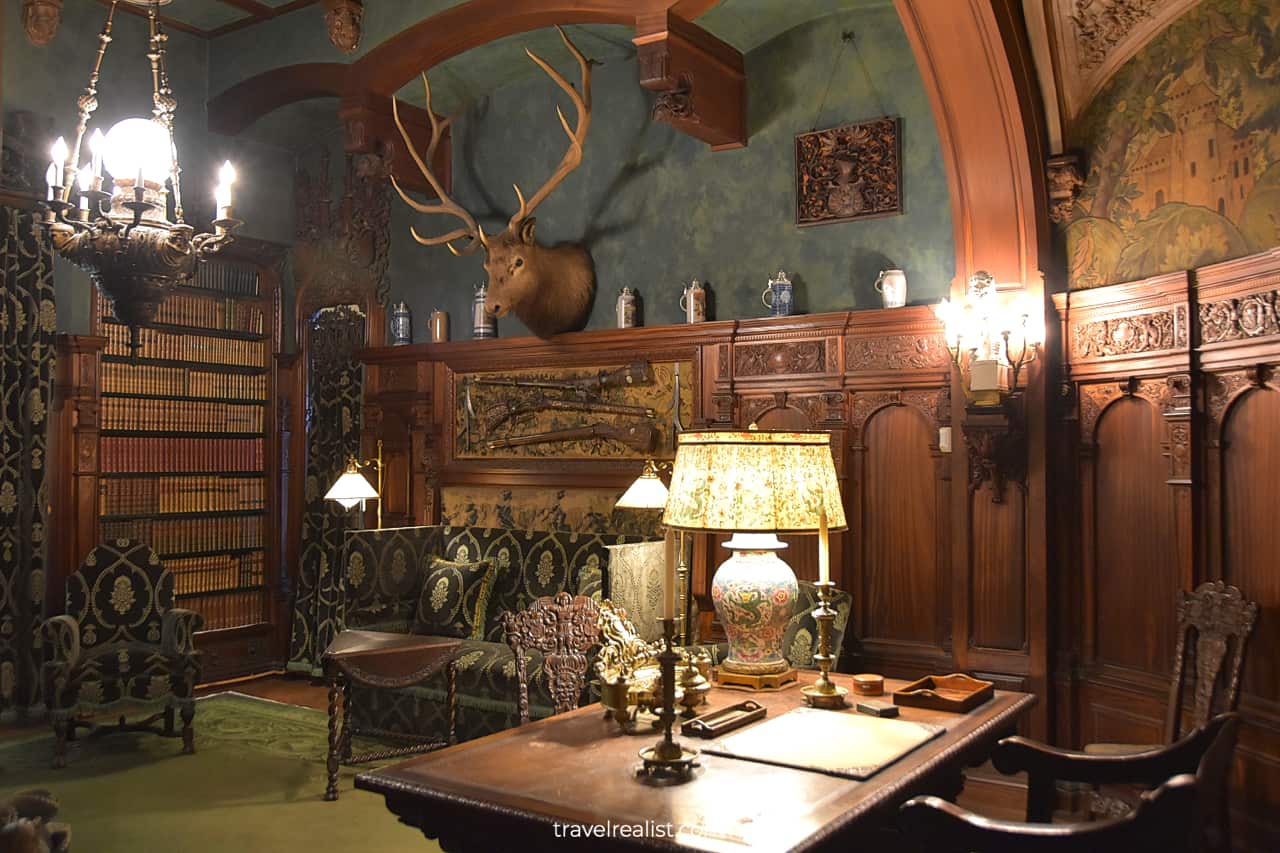 Den with deer head in Vanderbilt Mansion National Historic Site, New York, US