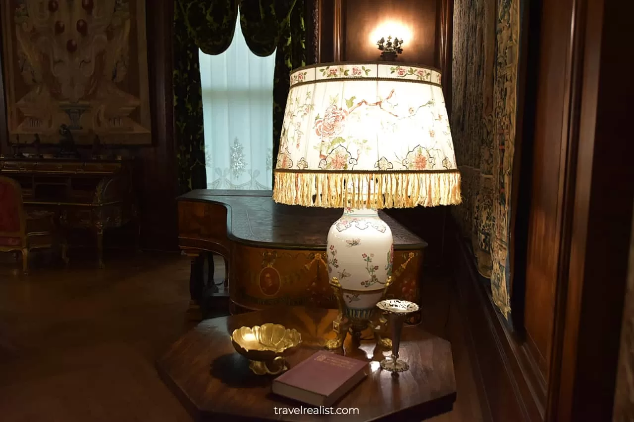 Lamp and grand piano in Living Room of Vanderbilt Mansion National Historic Site in New York, US