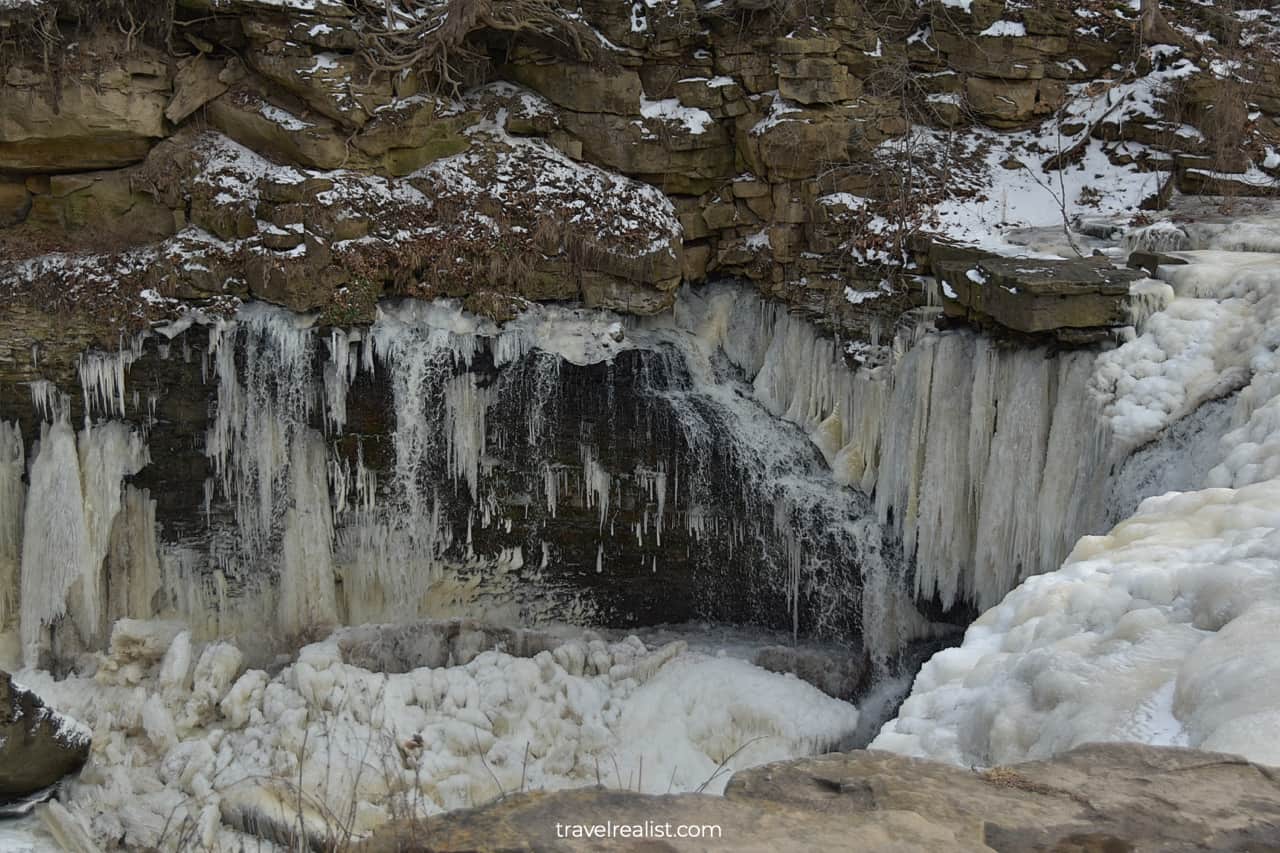 Icicles and water at Upper Falls in Ball's Falls Conservation Area, Lincoln, Ontario, Canada