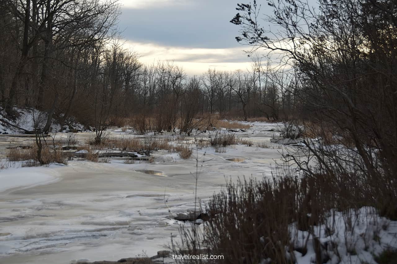 Twenty Mile Creek flowing upstream from Upper Falls in Ball's Falls Conservation Area, Lincoln, Ontario, Canada