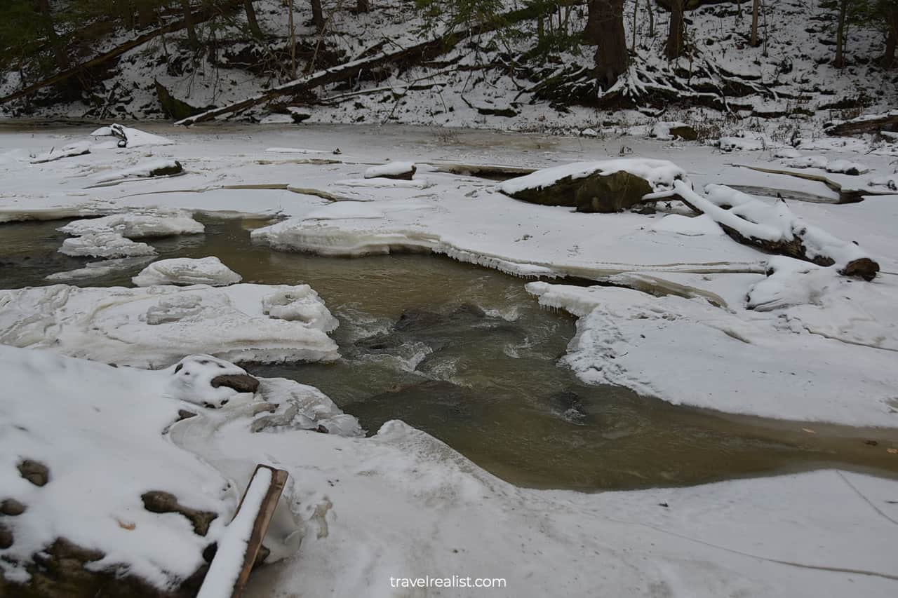 Water flowing underneath ice on Twenty Mile Creek in Ball's Falls Conservation Area, Lincoln, Ontario, Canada