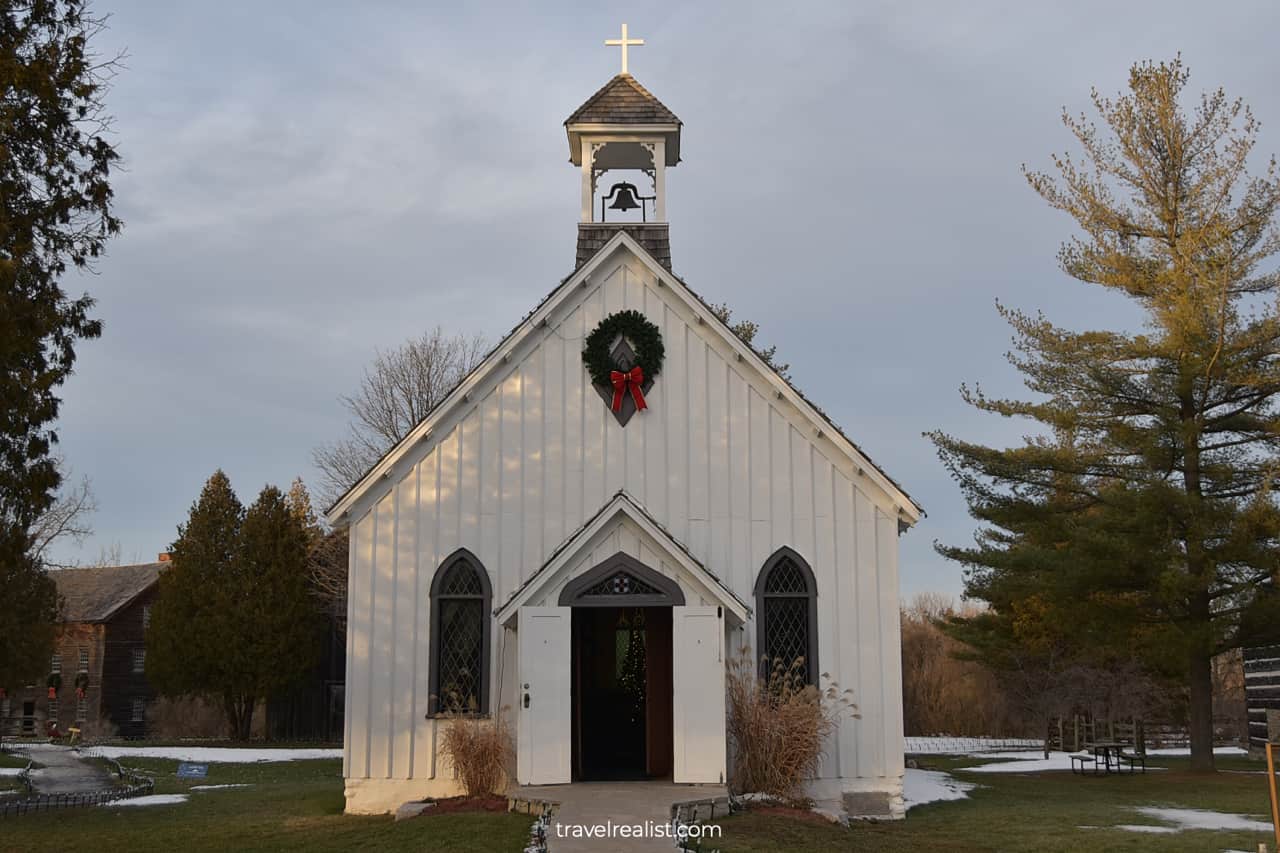 Church with Christmas decorations in Ball's Falls Conservation Area, Lincoln, Ontario, Canada