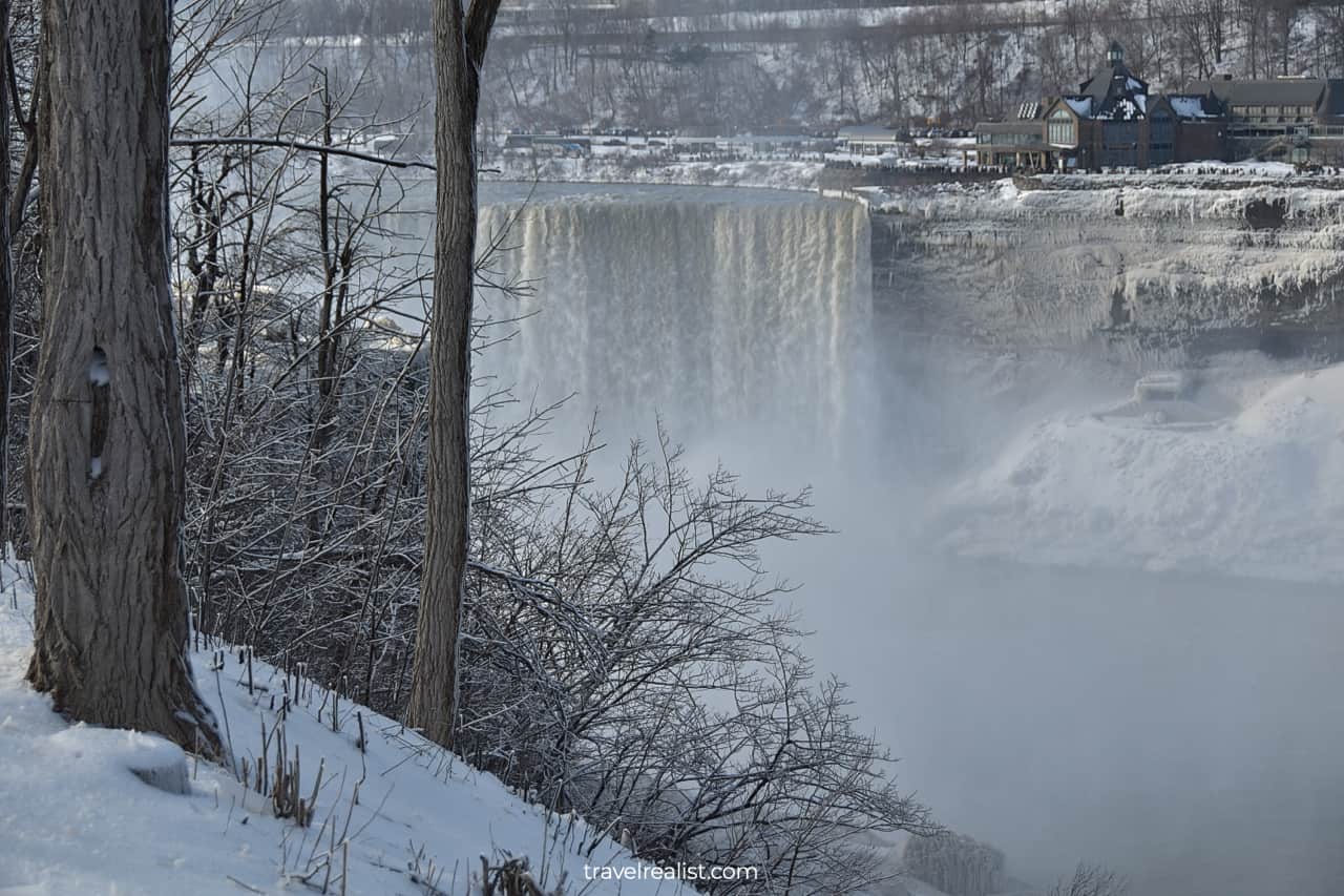 Horseshoe Falls, icicles, and Table Rock Welcome Center views from Niagara Falls State Park, New York, US