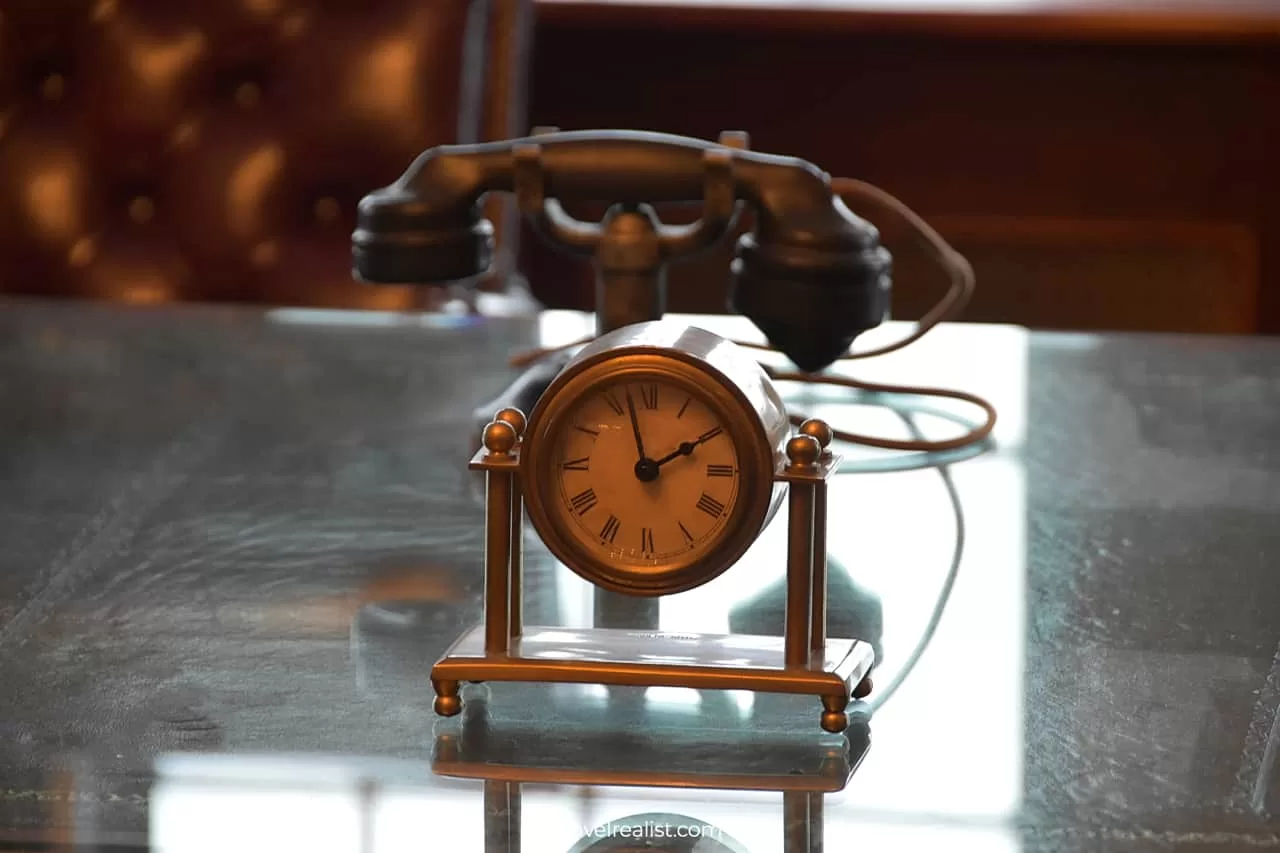 Clock and phone in Group of Seven Room in Casa Loma mansion in Toronto, Ontario, Canada