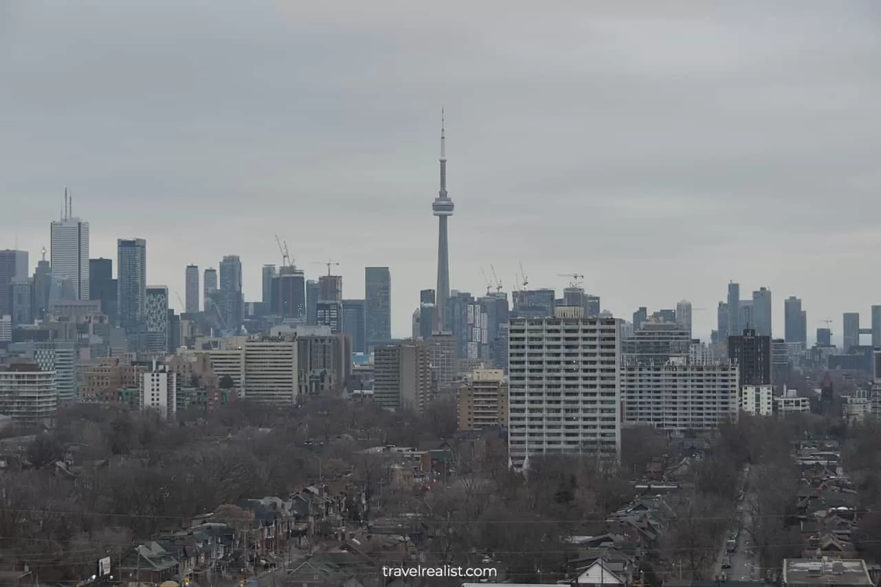 CN Tower view from Norman Tower at Casa Loma mansion in Toronto, Ontario, Canada