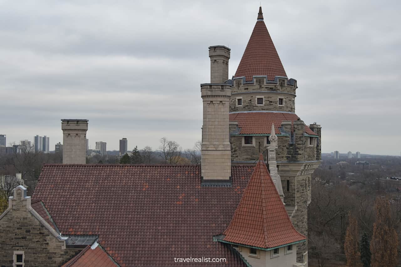 Scottish Tower view from Norman Tower at Casa Loma mansion in Toronto, the best place to visit in Ontario in winter