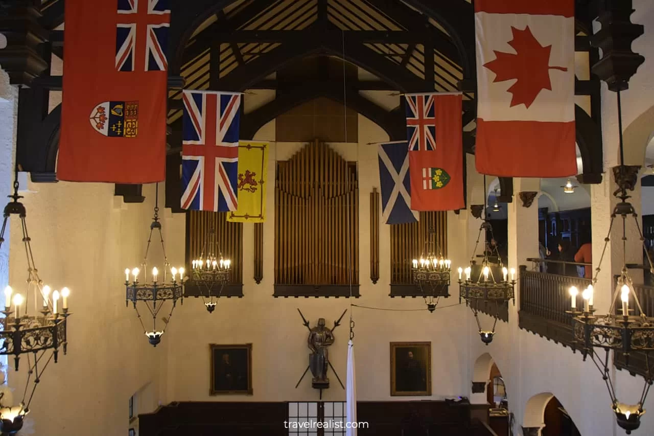 Flags in the Great Hall in Casa Loma mansion in Toronto, Ontario, Canada
