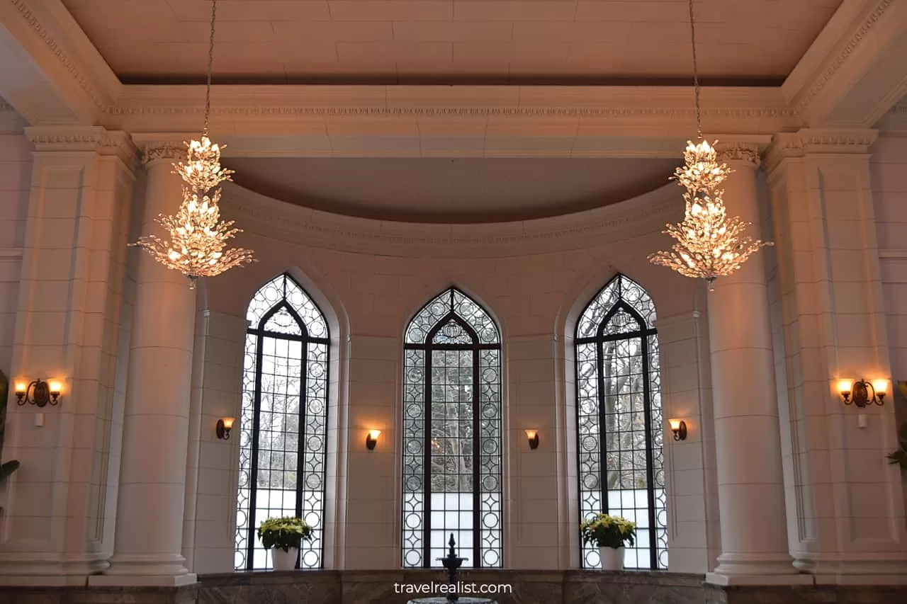 Light fixtures and stained glass windows in Conservatory in Casa Loma mansion in Toronto, Ontario, Canada