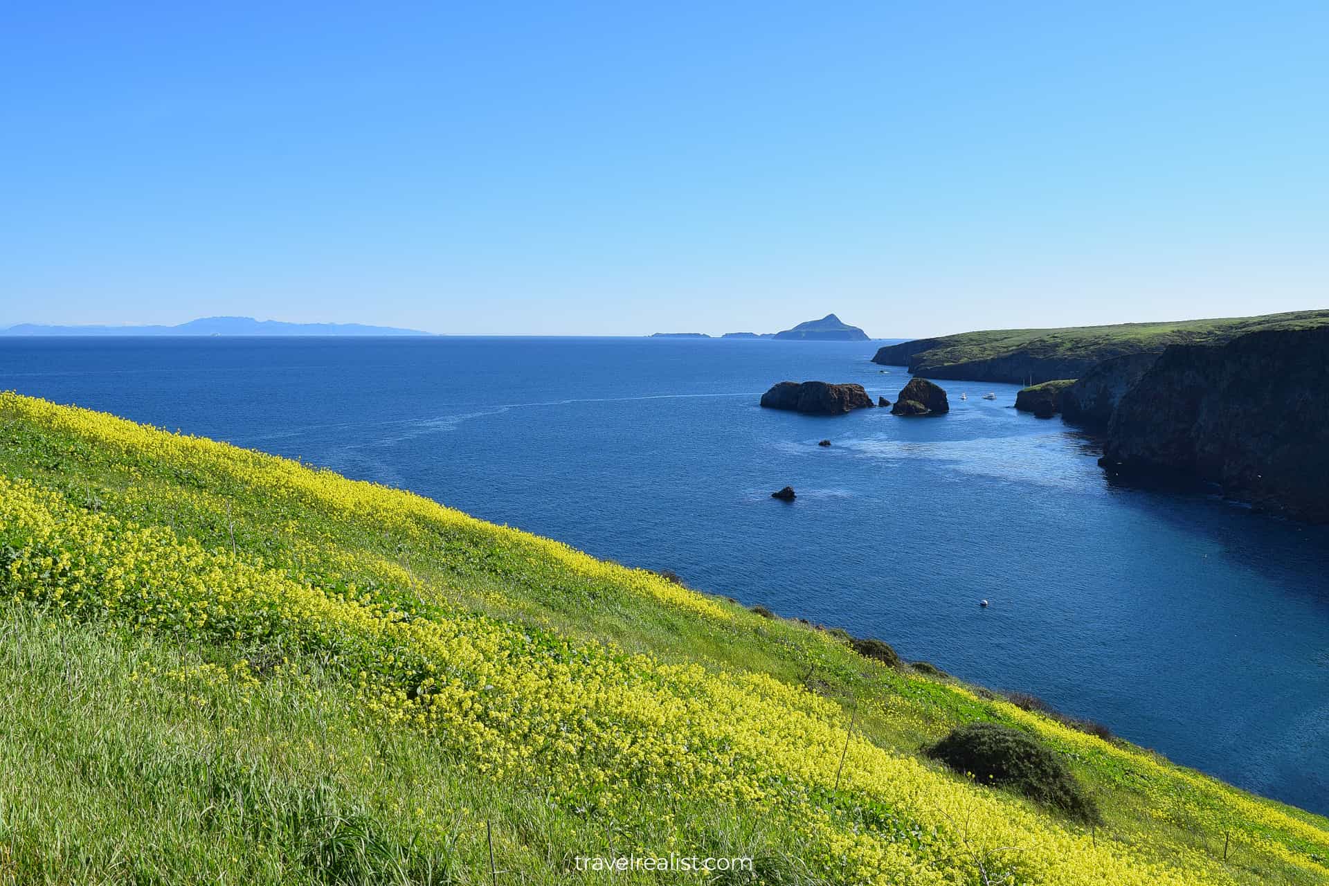 Scorpion harbor and Anacapa Island view during bloom season in Channel Islands National Park, California, one of best uncrowded places to visit in US in 2024
