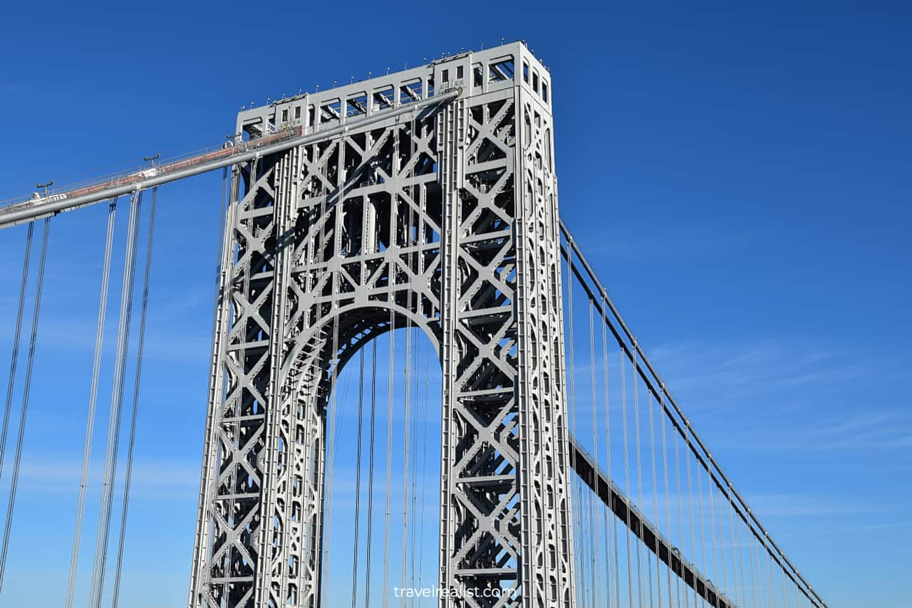 Close up view of George Washington Bridge from Fort Lee Historic Park in New Jersey, US