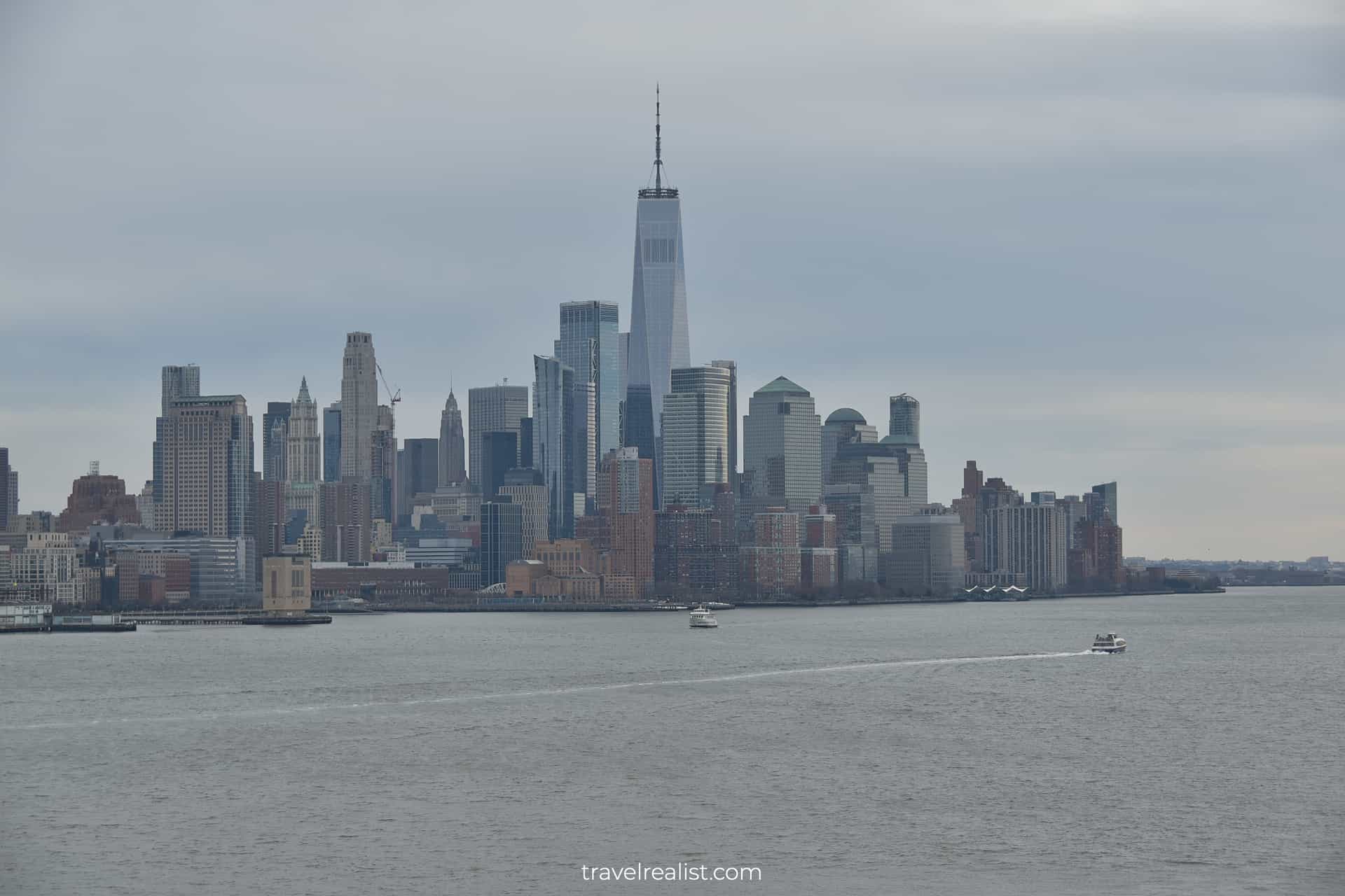 One World Trade Center and Lower Manhattan views from Castle Point Lookout in Hoboken, New Jersey, US